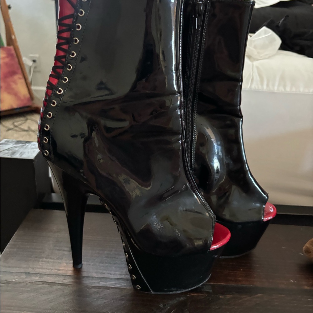Black and Red Peep-Toe 6 inch stiletto boots